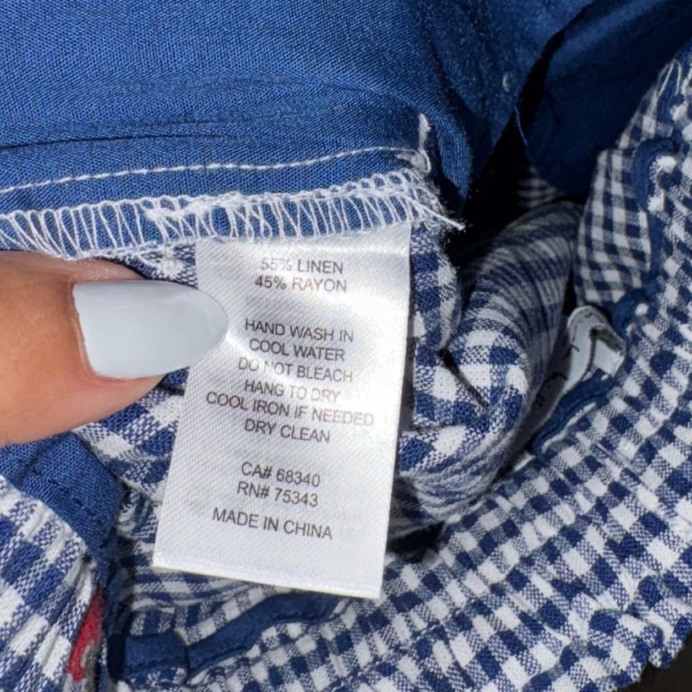 NICOLE MILLER Blue White Gingham Linen Pant Cherry Embroidered Drawstring Size 8 - Picture 3 of 9